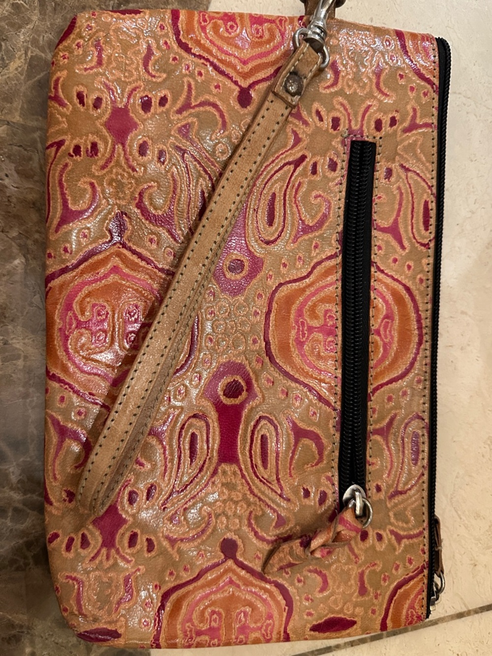 Wristlet Pink,Tan and Red Patterned lined Clutch